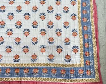 Hand Block Print Cotton Quilt: Small Floral Design, Artisan Crafted