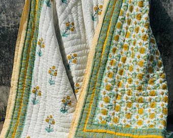 Hand Block Print Indian Cotton Quilt, Reversible Floral Jaipuri Razai, Boho Bedspread, Lightweight Comforter