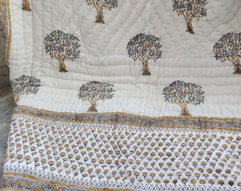 Hand Block Print Cotton Quilt: Tree Design Reversible Blanket (90"x108")