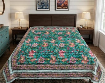 Indian Hand Block Print Quilt - Teal Green Floral & Rose Cotton Kantha - Jaipuri Razai