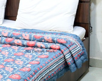 Hand Block Print Cotton Quilt: Reversible Indian Razai