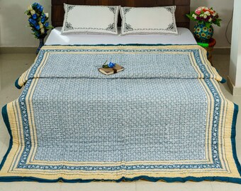 Hand Stitched Block Print Quilt: Queen Size Cotton Bed Cover