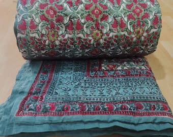 Hand Block Print Cotton Quilt: Reversible Indian Bedspread