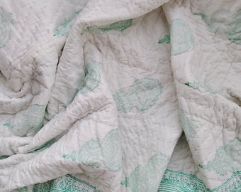 Green Floral Cotton Block Print Quilt: Hand Stitched Bed Cover