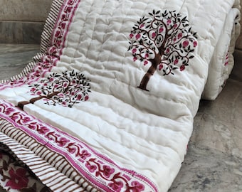 Hand Block Print Cotton Queen Quilt: Tree of Life Kantha Blanket