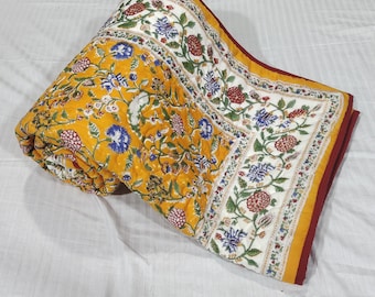 Handmade Cotton Quilt: Reversible Floral Hand Block Print, 200 GSM