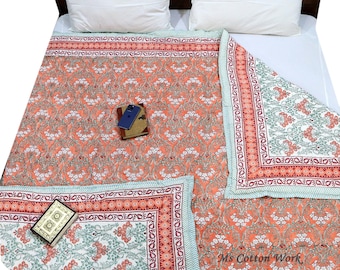 Hand Block Print Cotton Quilt: Floral Jaipuri Razai Bedspread