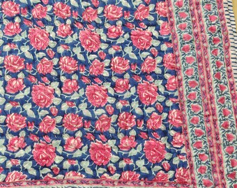 Handmade Indian Cotton Quilt: Queen Reversible Hand Block Print Bedspread