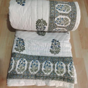 Hand Block Print Queen Quilt: Jaipur Floral Kantha Blanket