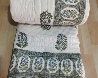 Hand Block Print Queen Quilt: Jaipur Floral Kantha Blanket