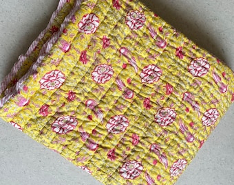 Hand Block Print Reversible Quilt – Pink & Yellow Floral Jaipuri Razai