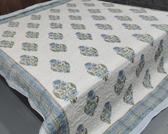 Hand Block Print Cotton Quilt: Reversible Queen Bedding