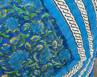Handmade Indian Cotton Quilt, Blue Floral Block Print Reversible Lightweight Summer Bedding