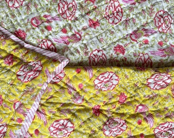 Reversible Hand Block Print Quilt – Bright Yellow & Elegant White Floral Design