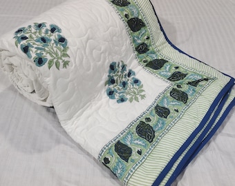 Hand Block Print Cotton Quilt: Reversible Flower Comforter, Machine Washable