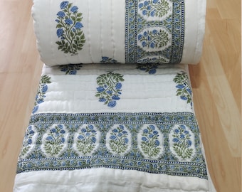 Hand Block Print Cotton Quilt: Indian Bohemian King/Queen Razai