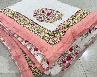 Hand Block Print Floral Cotton Quilt: Jaipuri Kantha Bedspread