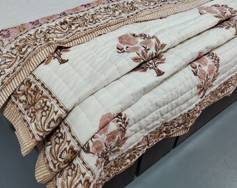 Hand Stitched Kantha Queen Quilt - Jaipur Block Print Blanket