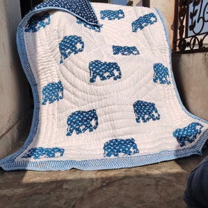 Blue Elephant Block Print Baby Quilt: Hand Stitched Reversible Blanket