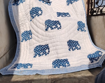Blue Elephant Block Print Baby Quilt: Hand Stitched Reversible Blanket