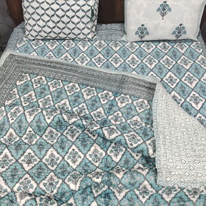 Hand Stitched Block Print Cotton Quilt: Reversible Floral Queen Comforter