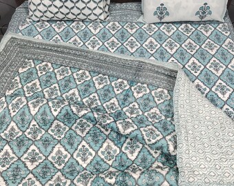 Hand Stitched Block Print Cotton Quilt: Reversible Floral Queen Comforter