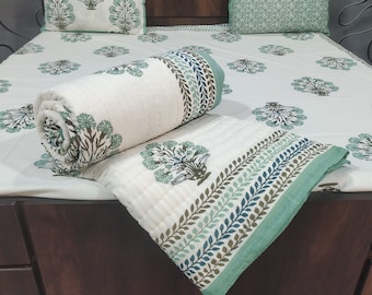 Hand Stitched Block Print Cotton Quilt Bedding Set: Floral Decor