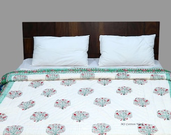 Indian Hand Block Print Cotton Quilt, Jaipuri Floral Razai, Boho Bedroom Decor, Lightweight Summer Blanket