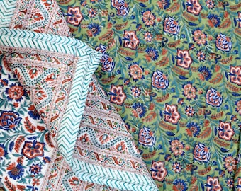 Multi Hand Block Printed Cotton Quilt: Lightweight Boho Bedspread