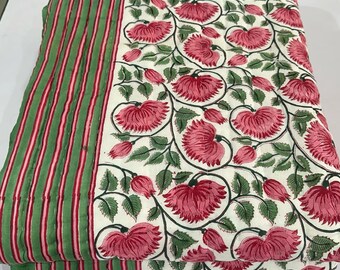 Hand Block Print Cotton Quilt, Floral Sea Flower Design, Handmade