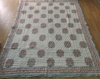 Hand Block Print Quilt, White Cotton Jaipuri Razai, Pink Blue Floral Bedspread