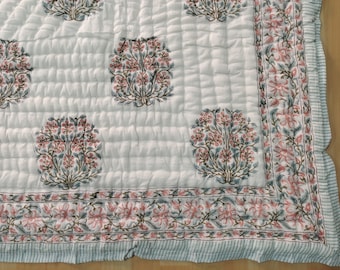 Hand Block Printed Cotton Quilt: Reversible Bohemian Bedspread