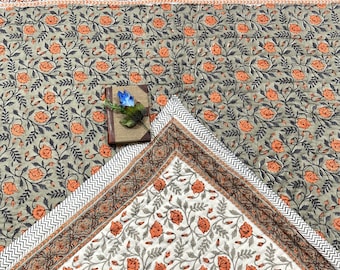 Hand Stitched Floral Quilt: Indian Hand Block Print Cotton Blanket