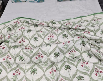Floral Block Print Cotton Quilt: Hand Stitched Indian Blanket