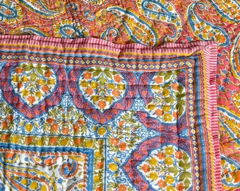 Handmade Rajasthani Block Print Cotton Quilt: Lightweight Kantha Bedspread