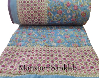 Hand Block Print Cotton Quilt: Reversible Floral Bedding, Hand-Stitched