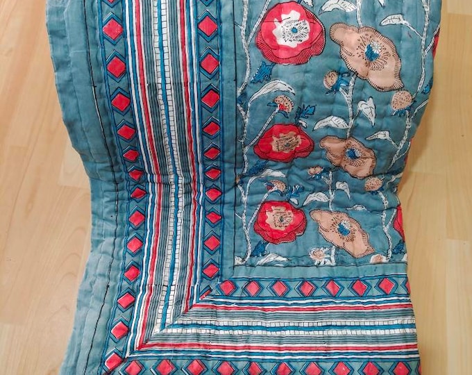 Featured listing image: Hand Block Print Cotton Grey Quilt: Jaipuri Reversible Razai