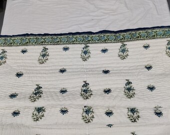 Hand Block Print Queen Quilt: Bluish Floral Cotton Bedding (90x108")