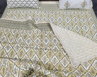 Yellow Floral Quilt Bedding Set: Hand Block Print Cotton with Pillow Shams