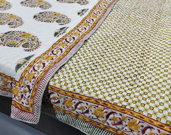 Hand Block Print Cotton Quilt: Hand Stitched Reversible Bedding
