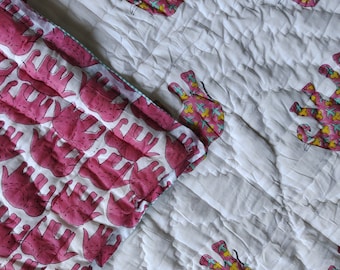 Handmade Indian Kantha Baby Quilt: Animal Print Nursery Blanket