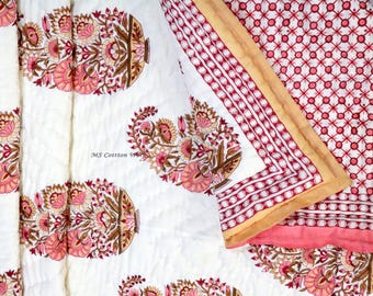 Hand Block Print Cotton Quilt: Lightweight Indian Blanket