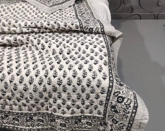 Hand Block Print Cotton Quilt: Floral Kantha, Queen Size Bedding
