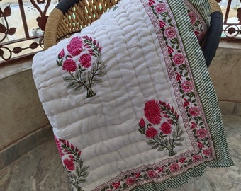 Hand Block Print Floral Cotton Quilt, Handmade Queen Bedspreads