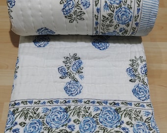 Blue Rose Hand Block Print Cotton Quilt: Bohemian Bedspread