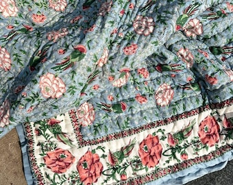 Hand Block Printed Floral Quilt: Reversible Cotton Blanket, Twin/Queen/King