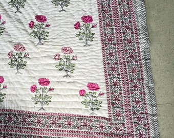Pink Floral Hand Block Print Quilt: Reversible Cotton Bedding