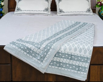 Hand Block Printed Cotton Quilt: Reversible Floral Jaipuri Razai