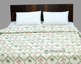 Sage Green Palm Tree Block Print Quilt – Tropical Floral Cotton Bedspread (Jaipuri Razai)