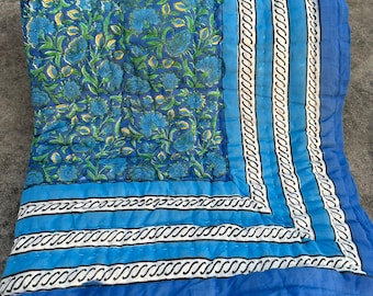 Blue Floral Hand Block Print Cotton Quilt, Reversible Indian Dohar